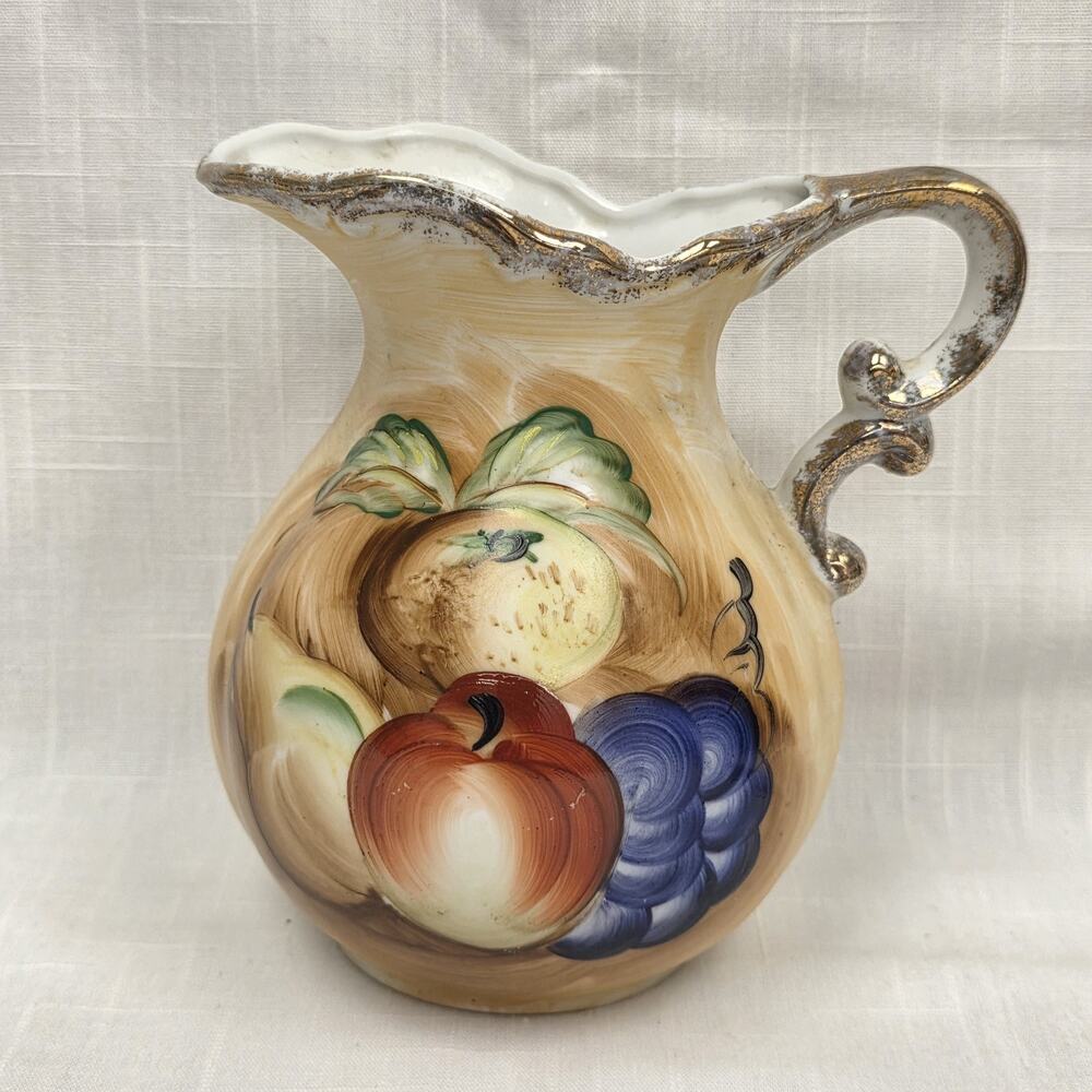 Vintage Japan Ceramic Fruit Pitcher Hand Painted Grapes Apple Gold Trim 6"